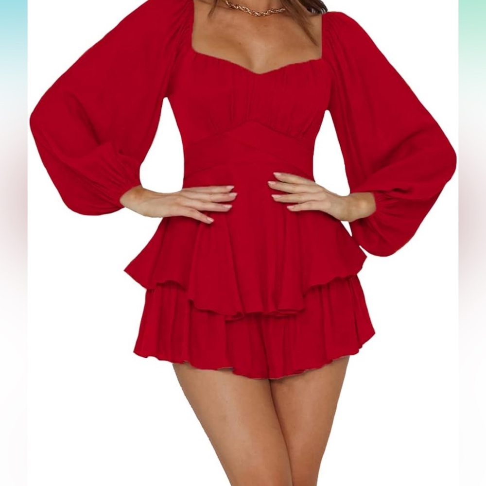 LYANER Women's Jumpsuit Lantern Long Sleeve Ruffle Layer Tie Mini Short Romper